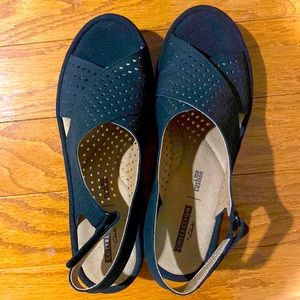 Clarks Artisan Clarene Award Black Nubuck Slingback Wedge Sandals